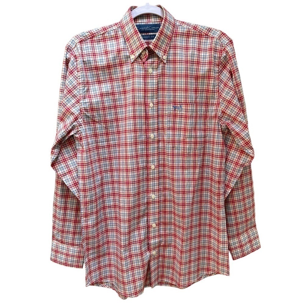Coastal Cotton Plaid Long Sleeve Red White Blue‎ Button Down Shirt Mens Small